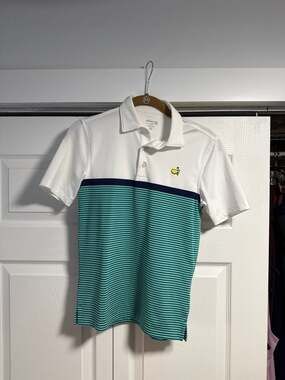 Masters Kids Performance Tech Polo Shirt White and Green Striped Size M (8-10)